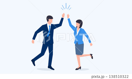 ハイタッチをして喜ぶスーツを着た男女のビジネス人物ベクターイラスト ハイタッチをして喜ぶスーツを着た男女のビジネス人物ベクターイラスト 138510322