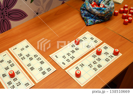 lotto playing field with barrels on a table close up from above 138510669