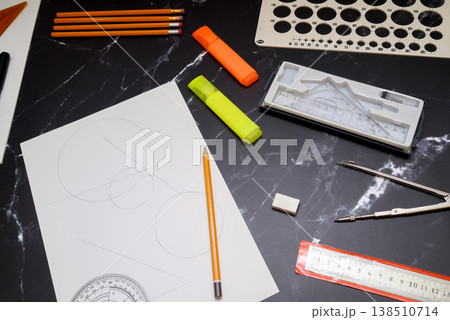 professional drafting tools on a dark marble background 138510714