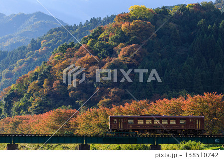 朝日に照らされ真っ赤に輝く紅葉と若桜鉄道のレトロな気動車（その2） 138510742