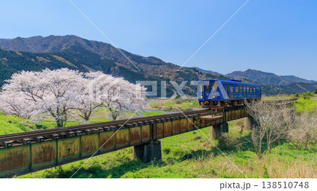 満開の桜が咲く第3八東川橋梁を走り抜ける若桜鉄道のレトロな気動車(その2) 満開の桜が咲く第3八東川橋梁を走り抜ける若桜鉄道のレトロな気動車(その2) 138510748