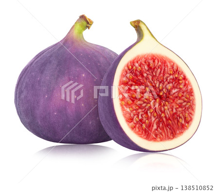 Fresh fig fruit and cut in a half isolated on white background. Sliced fig and whole fig with reflection. 138510852