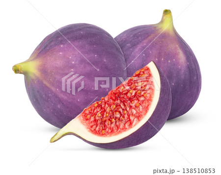 Ripe purple figs and cut in a slice isolated. Fig and quarter of fig isolated Ripe purple figs and cut in a slice isolated. Fig and quarter of fig isolated 138510853