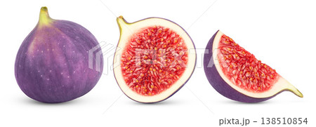 Fresh purple figs isolated on white background, Whole purple fig, half of fig and cut in slice of fig with clipping path. Fresh purple figs isolated on white background, Whole purple fig, half of fig and cut in slice of fig with clipping path. 138510854