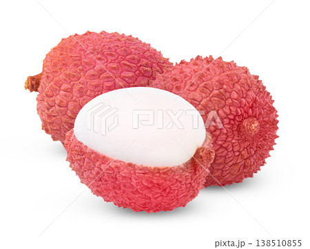 Fresh pink or red juicy lychee and peeled half of lychee isolated. 138510855