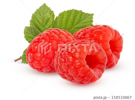 Ripe red raspberries with green leaves on a bunch isolated. Red raspberry berry cut out. 138510867