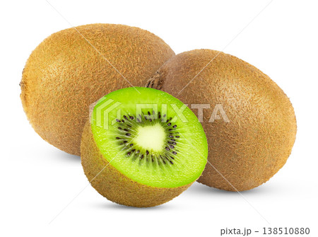 Whole kiwi fruit and sliced isolated. Two kiwis and a half with clipping path. 138510880