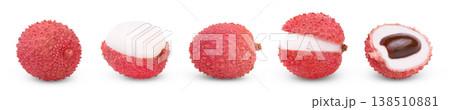Collection of lichees isolated on white background. Whole and peeled lychee, opened lychee, half of lychee with seed. 138510881