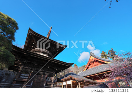 桜川市　雨引山　楽法寺　雨引観音　本堂と多宝塔　快晴 138511331