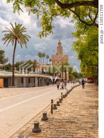 Torre del Oro promenade in Seville, Spain under cloudy sky 138511709