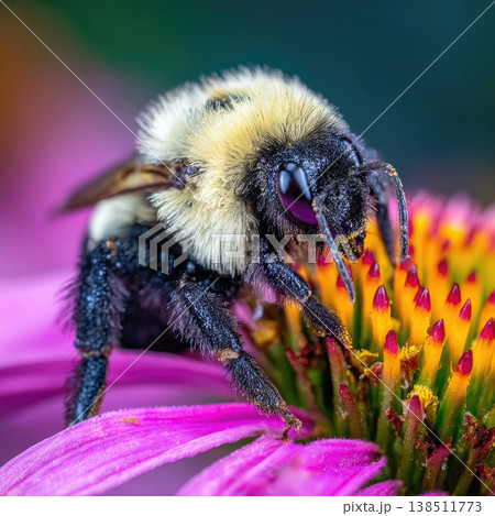 Diligent bumblebee gathering nectar from vibrant pink coneflower blooming brightly supporting native meadow restoration efforts highlighting peaceful beautiful natural outdoor environment 138511773