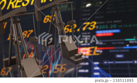 Oil Pump Jack With Stock Market And Gold Coins Concept 3d render. 138511893