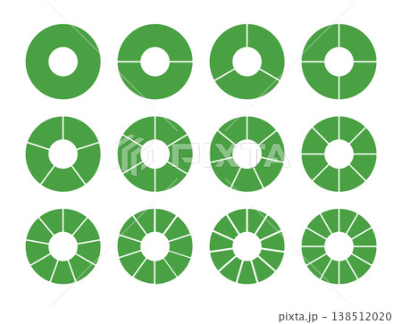 Green circle division from 1 to 12 equal parts. Wheel round divided diagrams from one to twelve segments. Coaching blank. Infographic set. 138512020