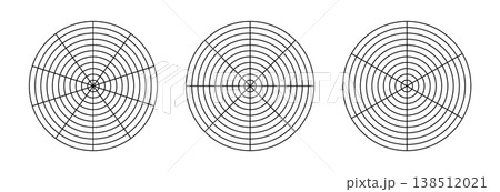 Polar grid of 10 segments and 10 concentric circles, 8 segments and 10 concentric circles, 6 segments and 10 concentric circles. Black blank of graph paper with 10 segments and 10 concentric circles a Polar grid of 10 segments and 10 concentric circles, 8 segments and 10 concentric circles, 6 segments and 10 concentric circles. Black blank of graph paper with 10 segments and 10 concentric circles a 138512021