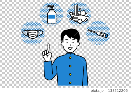 風邪予防の4つの方法（マスク・消毒・手洗い・検温）を案内する男子学生 138512206
