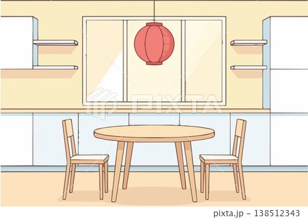Bright modern kitchen interior with large window natural daylight wooden round table white cabinets cozy clean atmosphere minimalist home design soft colors symmetrical layout realistic lighting Bright modern kitchen interior with large window natural daylight wooden round table white cabinets cozy clean atmosphere minimalist home design soft colors symmetrical layout realistic lighting 138512343