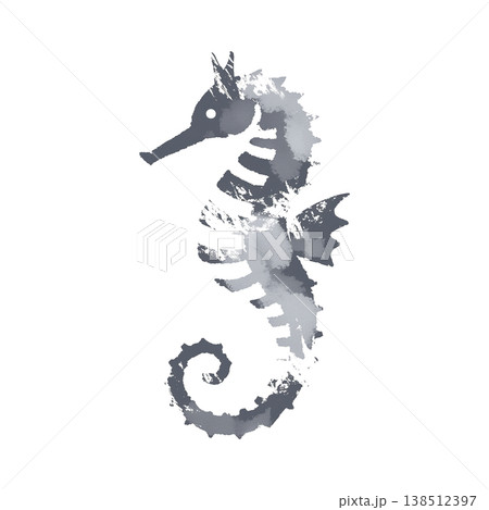 タツノオトシゴの墨絵イラスト 優雅な海馬の和風水墨画海洋素材 背景なし 138512397
