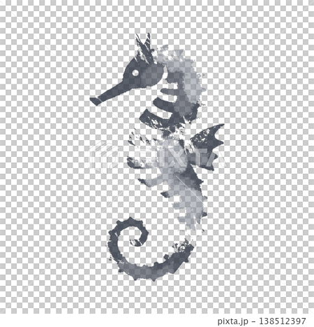 タツノオトシゴの墨絵イラスト 優雅な海馬の和風水墨画海洋素材 背景なし 138512397