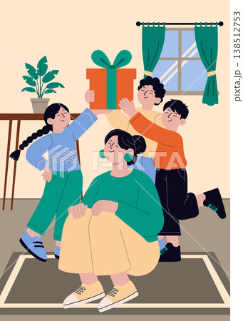 Happy Mothers Day Illustration with Children Giving Gift to Their Mother 138512753
