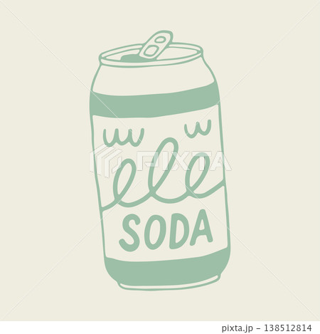 Hand drawn vector of a soda aluminum can with an open pull tab and a cursive logo design. Minimalist line art illustration of a cold carbonated beverage for shop and refreshment themes 138512814