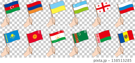 一組插圖，描繪了手持前蘇聯國家（獨聯體、東歐、中亞）國旗的人物。 138513285