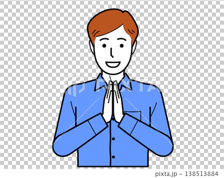 正面向き。いただきますと手を合わせるワイシャツを着た若い男性。 138513884
