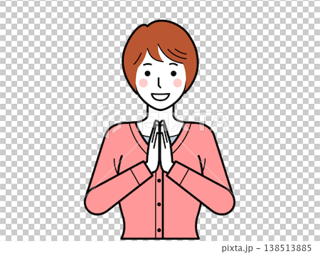 面向前方。一位穿著開襟羊毛衫的年輕女子雙手合十,說「Itadakimasu」(謝謝你們的款待)。 面向前方。一位穿著開襟羊毛衫的年輕女子雙手合十,說「Itadakimasu」(謝謝你們的款待)。 138513885