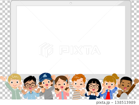 Eight energetic elementary school children of various nationalities, boys and girls, and a blank tablet. 138513989