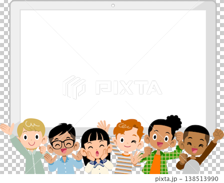 Six energetic elementary school children of various nationalities, boys and girls, and a blank tablet. 138513990