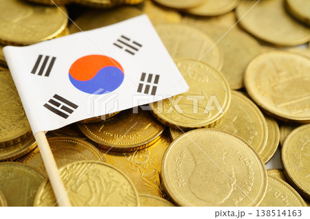 Korea flag on coin and banknote money, finance trading investment business currency concept. 138514163