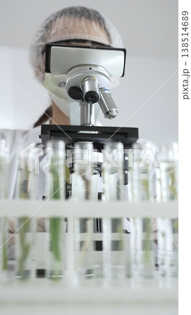 Female scientist wearing white protective gear using microscope, analyzing test tubes in laboratory, showing scientific research and development. Medicine and science concept Female scientist wearing white protective gear using microscope, analyzing test tubes in laboratory, showing scientific research and development. Medicine and science concept 138514689