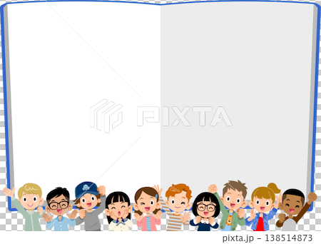 空欄のノートと多国籍、多人数の元気な10人の子どもたちの上半身と 空欄のノートと多国籍、多人数の元気な10人の子どもたちの上半身と 138514873