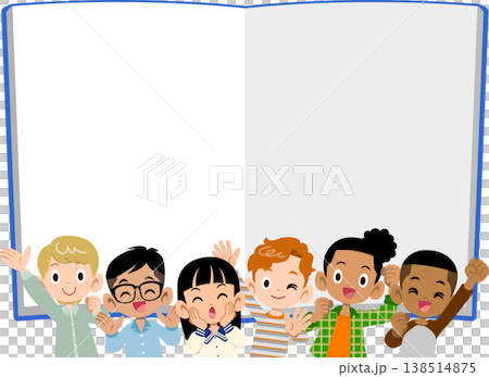 空欄のノートと多国籍、多人数の元気な6人の子どもたちの上半身と 空欄のノートと多国籍、多人数の元気な6人の子どもたちの上半身と 138514875