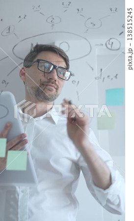 Mature businessman in glasses actively analyzing data and developing new business strategies. Using a digital tablet during a dynamic brainstorming and planning session behind a glass wall with notes Mature businessman in glasses actively analyzing data and developing new business strategies. Using a digital tablet during a dynamic brainstorming and planning session behind a glass wall with notes 138515245