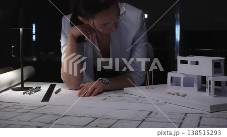Female architect thinking about a modern house architecture project with blueprint and model on desk. Business and architect people concept Female architect thinking about a modern house architecture project with blueprint and model on desk. Business and architect people concept 138515293