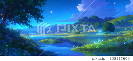 夜の湖の風景、アニメ風 夜の湖の風景、アニメ風 138515600