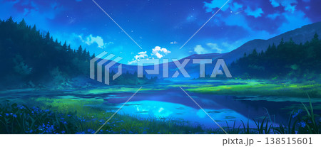 真夜中の湖の風景、アニメ風 138515601