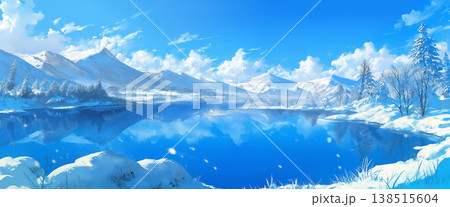 雪が積もった湖の風景、アニメ風 雪が積もった湖の風景、アニメ風 138515604