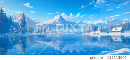 冬の湖の風景、アニメ風 138515605