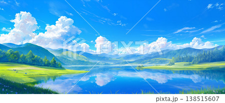 青空と湖の風景、アニメ風 138515607