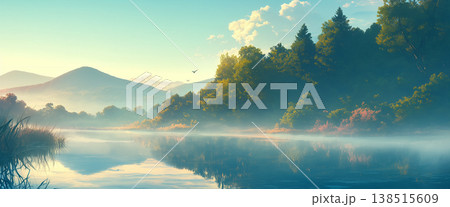 空気が冷える湖の風景、アニメ風 138515609