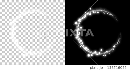 白い光の輪と光る点が、透明背景と黒背景に描かれた抽象的なデザイン素材 白い光の輪と光る点が、透明背景と黒背景に描かれた抽象的なデザイン素材 138516033
