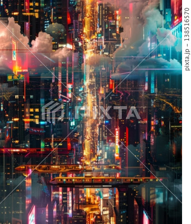 ビル群の谷間を結ぶ夜行列車と大都市の夜景 138516570