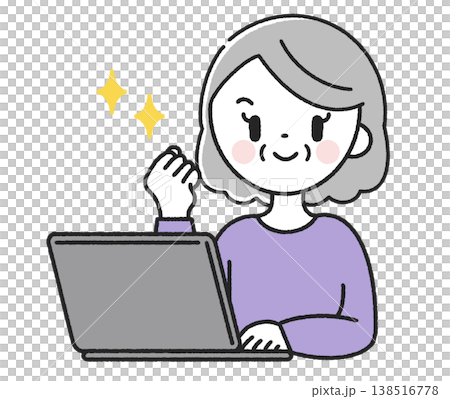 A senior woman makes a triumphant gesture in front of her computer. A senior woman makes a triumphant gesture in front of her computer. 138516778
