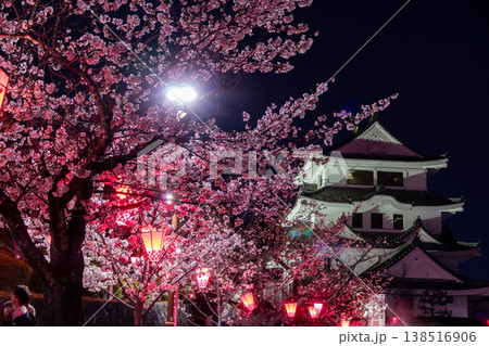 城山公園の夜桜とライトアップされた城 幻想的に染まる春の夜景 城山公園の夜桜とライトアップされた城 幻想的に染まる春の夜景 138516906