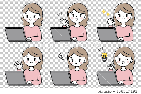 A set of various poses for women working on a computer. A set of various poses for women working on a computer. 138517192