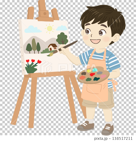 Cute cartoon boy painting on an easel while holding a colorful palette. Cheerful illustration capturing creativity, learning, and artistic expression. Cute cartoon boy painting on an easel while holding a colorful palette. Cheerful illustration capturing creativity, learning, and artistic expression. 138517211