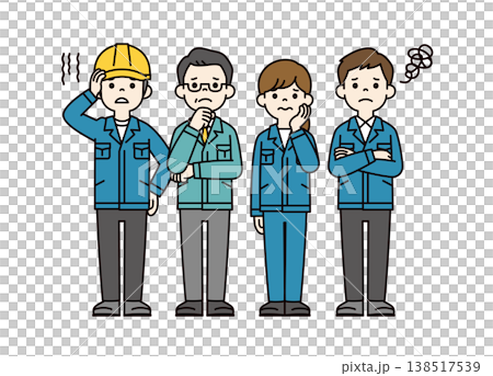 作業服を着たゼネコンで働く人々の、困る・考える表情・ポーズの全身ベクターイラスト素材セット 138517539