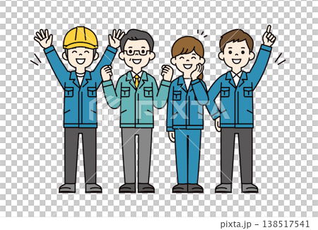 作業着を着て工場で働く社長・従業員の、喜ぶ・嬉しいポーズの全身ベクターイラスト素材セット 138517541