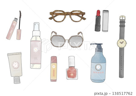 ファッション小物とコスメの手描きイラストセット　化粧品　メガネ　腕時計 138517762